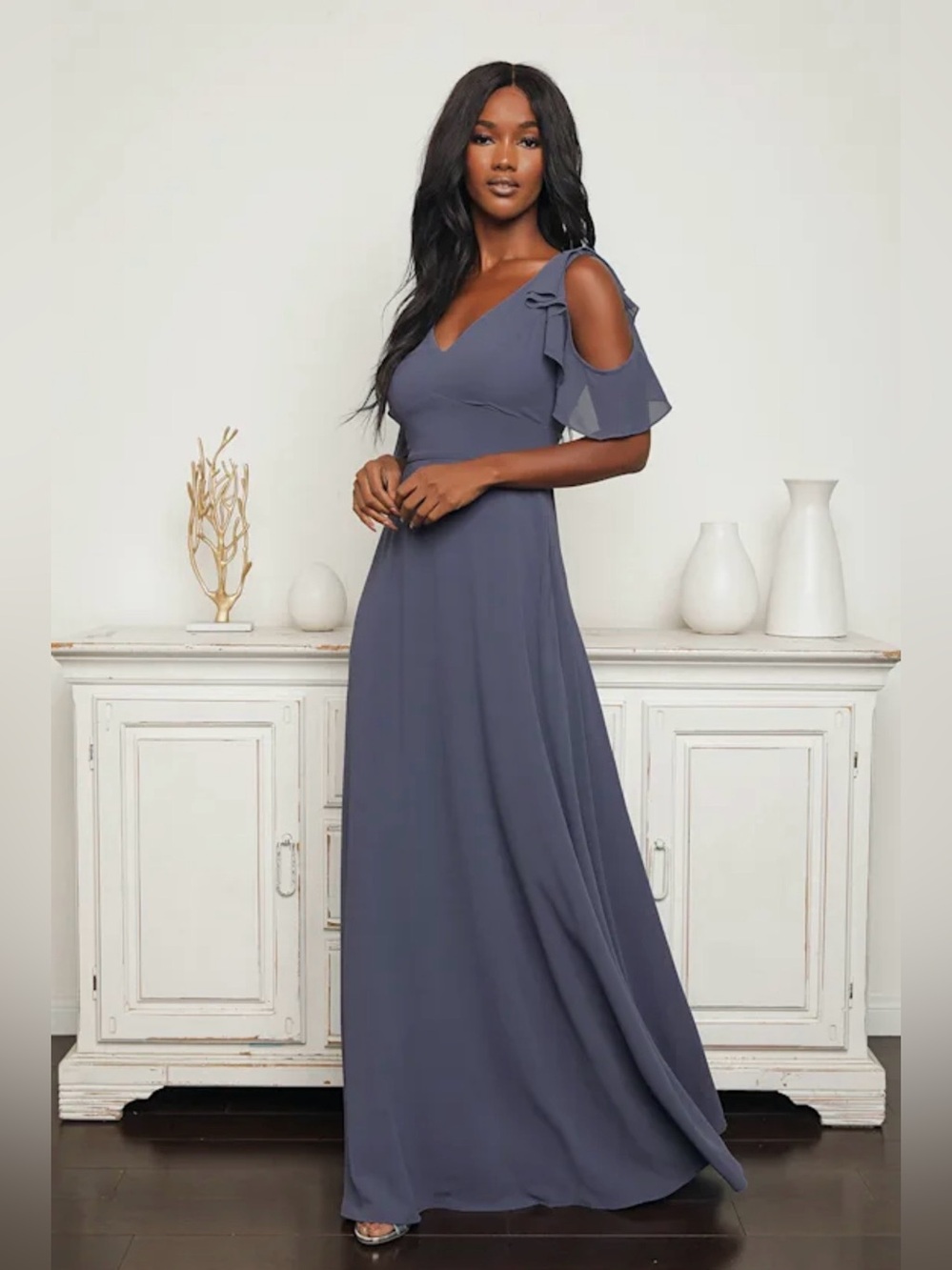 Lulus Marvelous Memories Denim Blue Cold-Shoulder Maxi Dress Sz XS